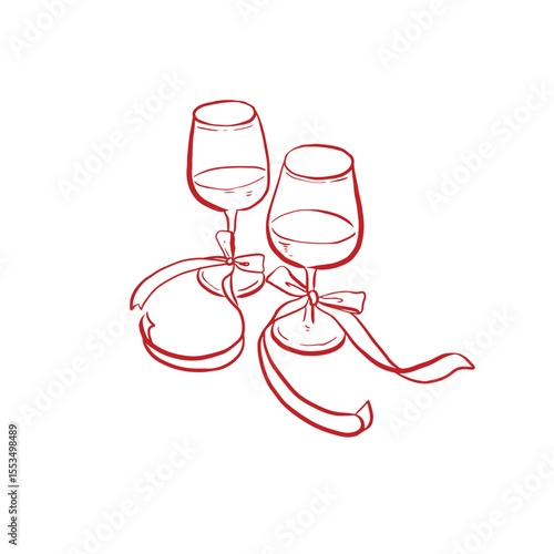 Hand drawn couple wedding wine glass with large bow vector