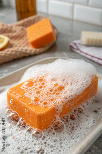 Orange Gel Cleanser Bubbling on a Sponge