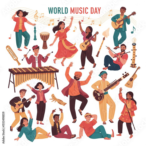 Celebrating World Music Day A vibrant collection of musicians playing diverse instruments