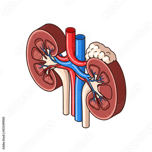 Human kidney with arteries and anatomical details.