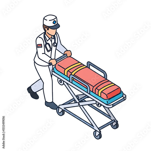 Paramedic pushing stretcher in emergency setting.