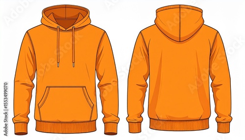 Orange Hoodie Mockup for Product Design - T-shirt Template for Logo Placement and Branding - Technical Outline for Hooded Vest for Apparel and Merchandise - Print File for Front and Back - Clothing