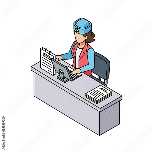 Receptionist at hospital desk with computer.