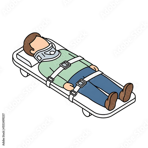 Patient strapped to stretcher for secure transport.