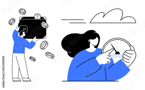 Person holding a wallet with flying coins, another adjusting a meter under the cloud. Ideal for finance, budgeting, savings, monitoring, strategy, productivity planning. Simple flat metaphor