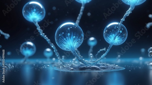 Wallpaper Mural Glowing bioluminescent aquatic fungi bloom in dark water, their translucent spheres radiating ethereal light. Torontodigital.ca