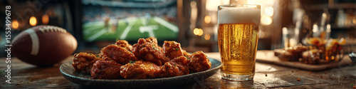 A glass of beer and chicken wings on a table with a football and a game on tv in the background