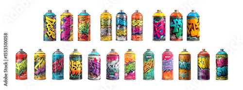 Pack of Collection of Colorful Spray Paint Cans with Graffiti Designs against transparent Background
