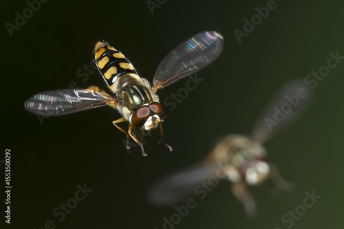 Hoverfly flying in the air with another hoverfly out of focus