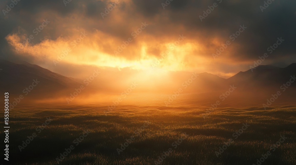 Fototapeta premium Golden Sunrise over Misty Field.