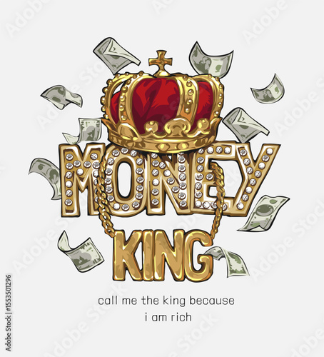 money king golden chrome text slogan with king crown vector illustration