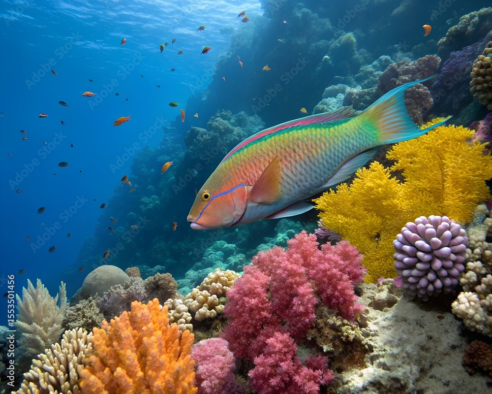 Fototapeta premium Male Fish Surrounded by Brightly Colored Coral in an Underwater Paradise