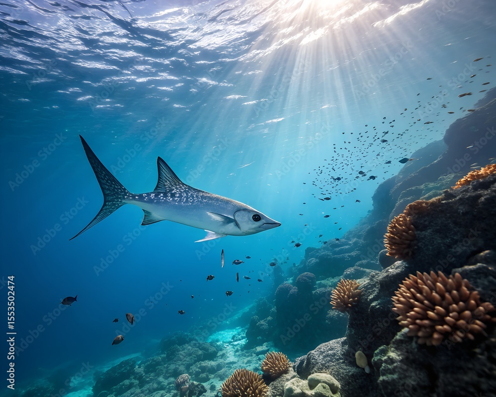 Fototapeta premium Male Fish Gliding Through Deep Blue Waters – A Serene Underwater Moment