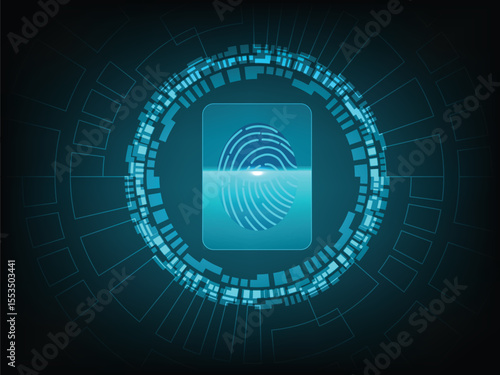 Futuristic fingerprint scanner interface for digital identity verification, biometric authentication, cyber security system, and forensic access control concept in abstract vector style for technology