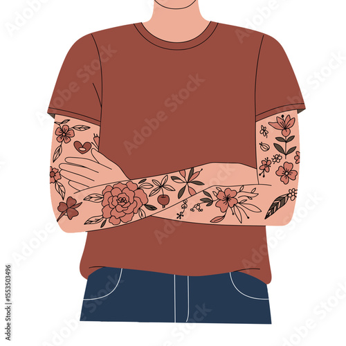 Person with tattoos on both arms crossing arms, transparent background. Individualism, self-expression, modern style, body art, fashion, lifestyle