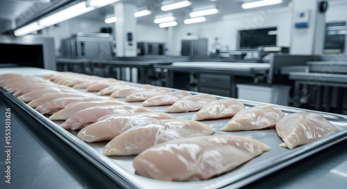 Rows Of Raw Chicken Breasts On A Steel Tray In A Bright Kitchen