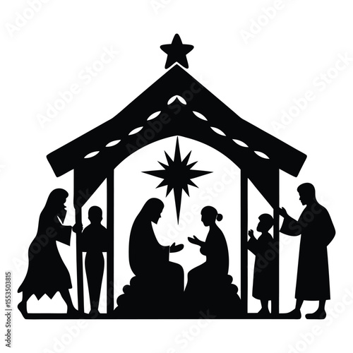 A peaceful nativity Christmas silhouette shows Mary, Joseph, and baby Jesus under a star-lit stable, surrounded by animals, shepherds, and wise men in quiet reverence.
