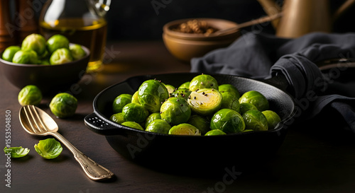 Delicious Roasted Brussels Sprouts In Black Cast Iron Pan Prepared for Eating
