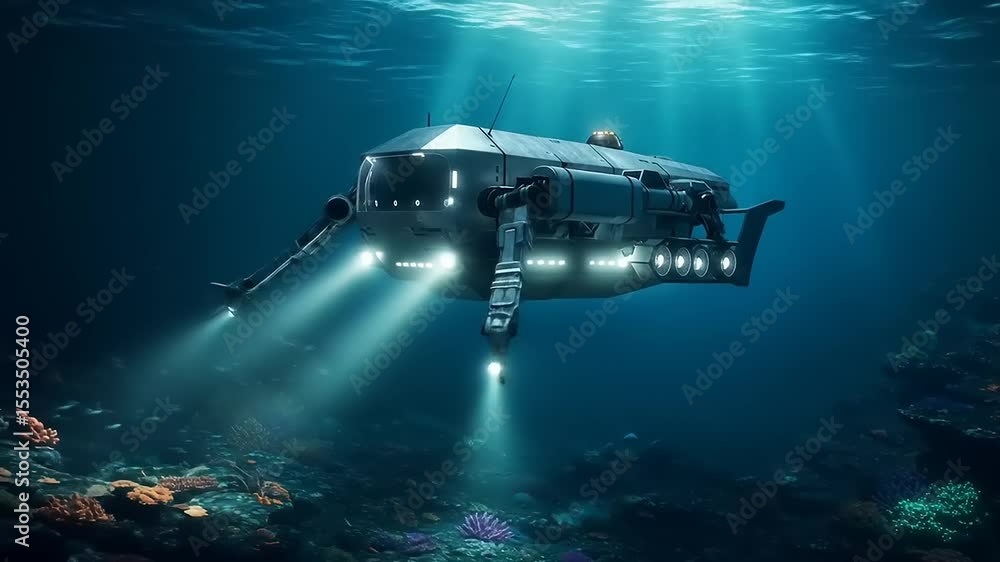 Futuristic submarine exploring vibrant coral reefs in a deep ocean ...
