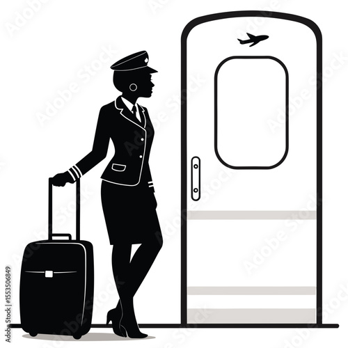 Female pilot standing with suitcase by airplane door illustration  