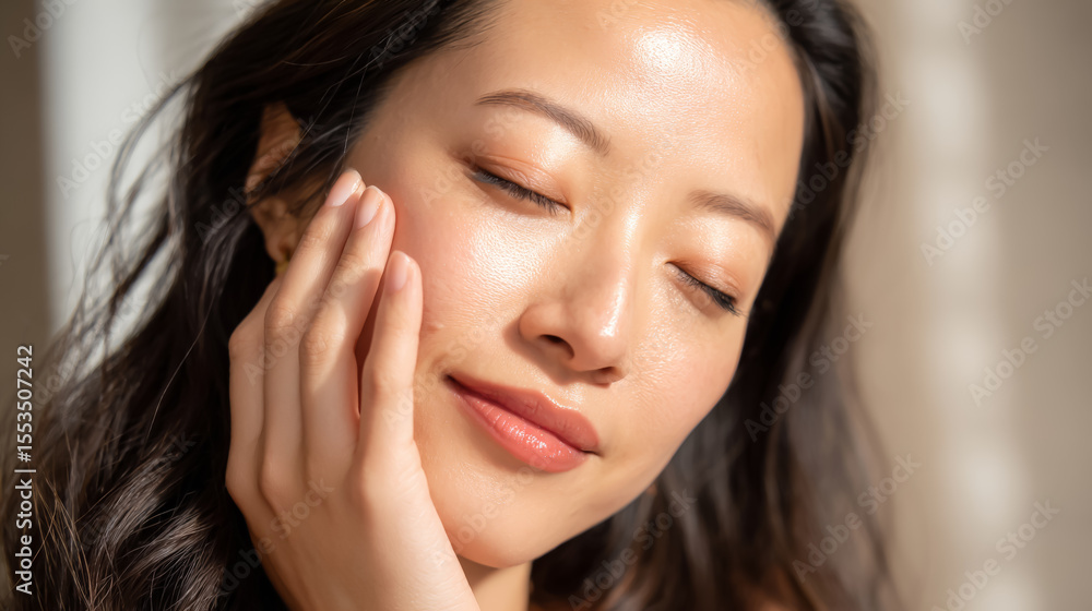 A serene woman with closed eyes gently touches her face, showcasing smooth skin and a peaceful expression in soft, natural lighting. A serene woman with closed eyes gently touches her face, showcasing smooth skin and a peaceful expression in soft, natural lighting.