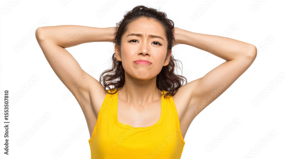 A young woman in a yellow tank top looks frustrated with her hands resting on the back of her head against a white background. A young woman in a yellow tank top looks frustrated with her hands resting on the back of her head against a white background.