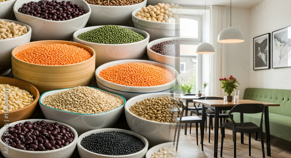 Fototapeta premium Culinary Scene Featuring Legumes And A Modern Restaurant Interior