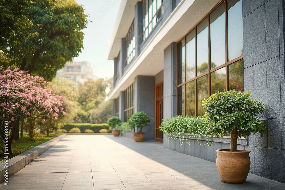 Fototapeta premium Modern Office Building Exterior with Lush Landscaping