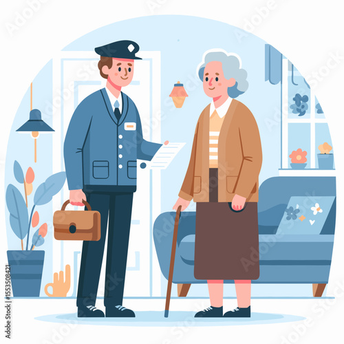 Elderly woman receiving letter from mailman in cozy living room  