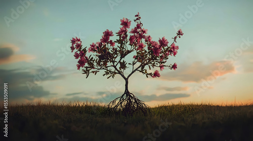 Wallpaper Mural Pink Flower Tree Silhouette at Sunset in Pixel Art Style Torontodigital.ca