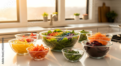 Preparing A Vibrant Rainbow Salad With Fresh Ingredients In Modern Kitchen