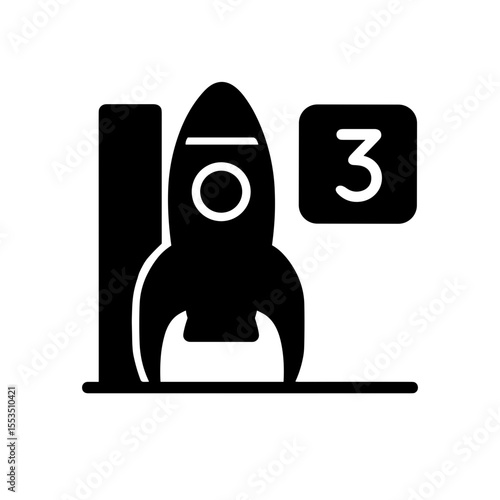 Rocket Launch Pad Icon with Countdown Number Three – Solid