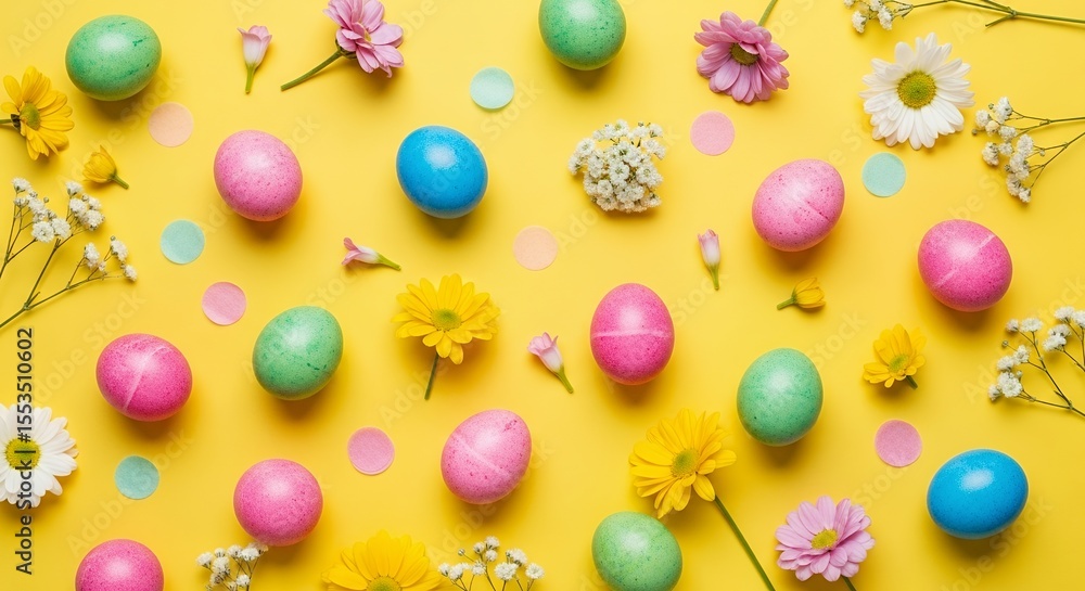 Obraz premium Pastel Easter Eggs and Spring Flowers on Yellow Background