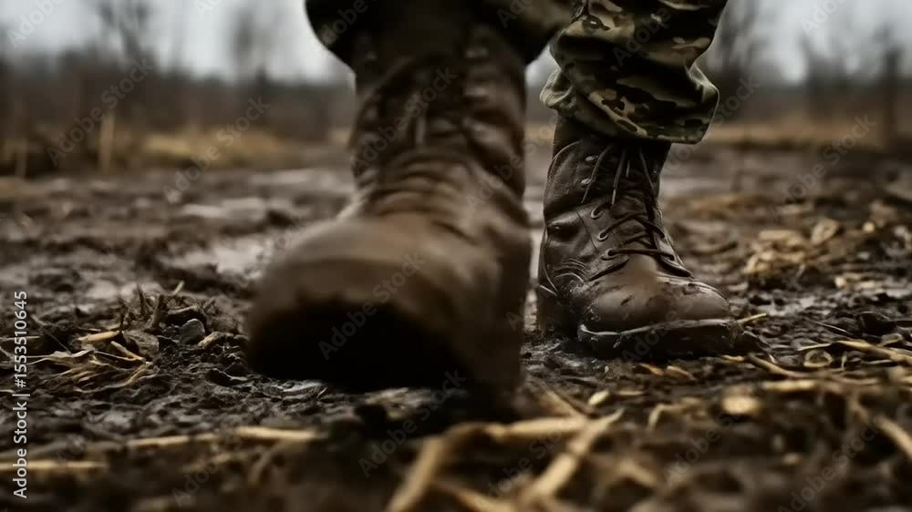 Soldier walking through muddy terrain on a cloudy day, showcasing resilience in nature Soldier walking through muddy terrain on a cloudy day, showcasing resilience in nature
