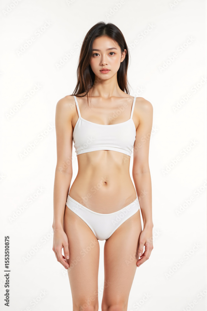 Fototapeta premium A young woman with long dark hair wears a white two-piece outfit, standing confidently against a plain white background.