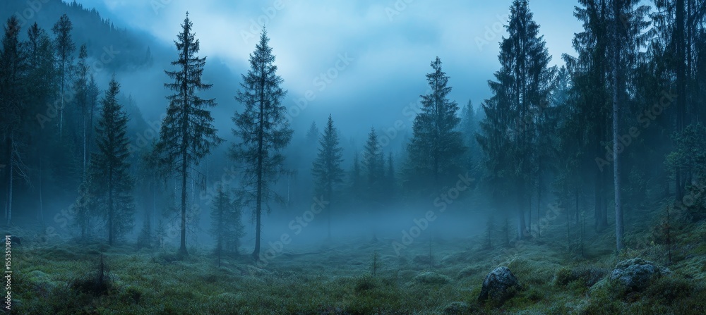 Foggy forest scenery unfolds as a misty morning dawns on woods with a spooky and fairy tale-like appearance Foggy forest scenery unfolds as a misty morning dawns on woods with a spooky and fairy tale-like appearance