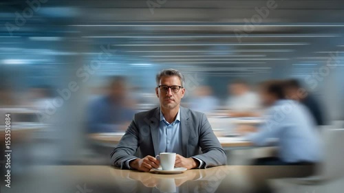 Businessman with Coffee: Timelapse of a Busy Office, Focus and Composure Amidst Motion Blur