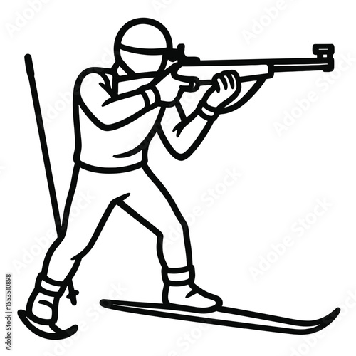 Biathlete aiming while skiing on winter landscape  