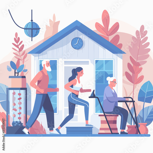 Active seniors exercising at home with plants and natural decor  