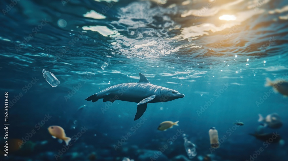 Fototapeta premium Ocean pollution affecting marine life. Plastic debris surrounds a dolphin in the deep blue sea. Sunlight streams down