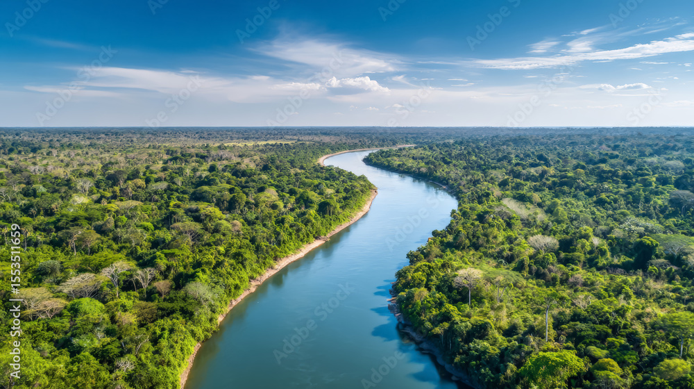 A winding river flows through a dense, lush green forest under a blue sky with scattered clouds. A winding river flows through a dense, lush green forest under a blue sky with scattered clouds.