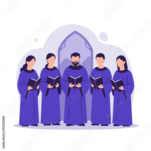 Choir group singing with songbooks in purple robes indoors  