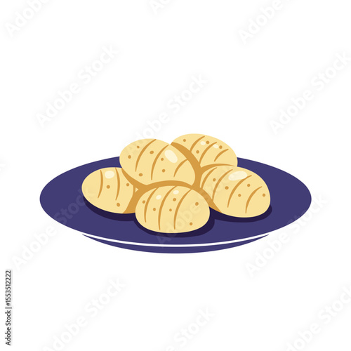 Plate of freshly baked bread rolls on a blue dish  (Gnocchi)