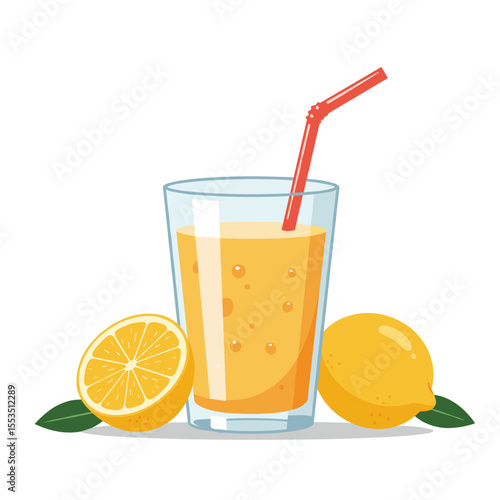 Fresh lemon juice in glass with straw and whole lemons beside  