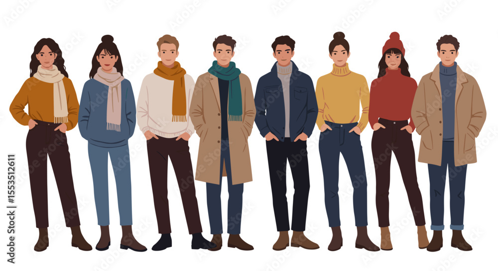 Fototapeta premium Group of young adults wearing casual winter outfits on white background 