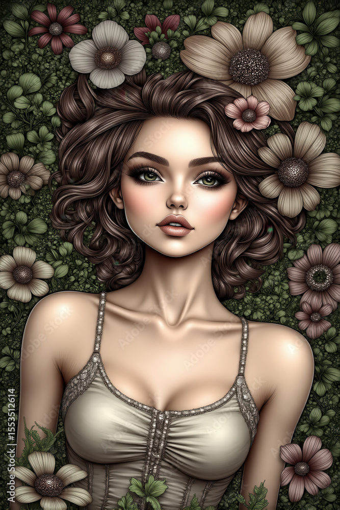 Fototapeta premium Woman is lying on a bed of flowers. She is wearing a white dress and has a flower crown on her head. The flowers are in various colors and sizes, and they are scattered all around her