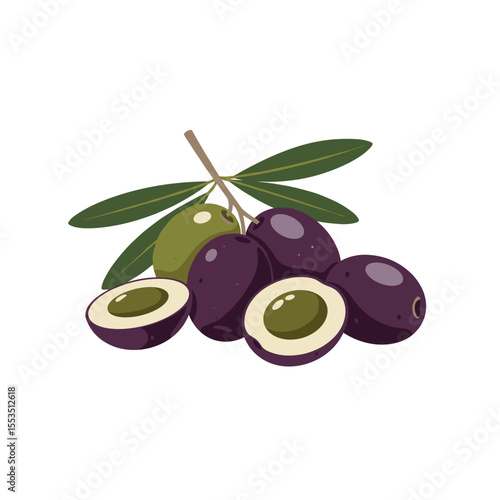 Ripe green and black olives with leaves on white background  