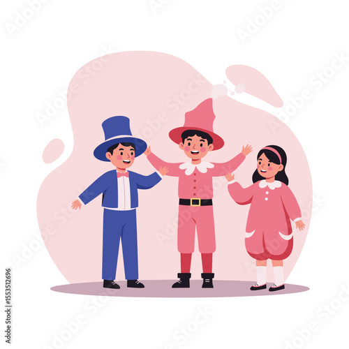 Children dressed as clowns smiling and having fun together  