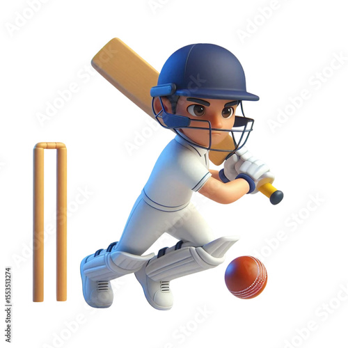 3D Cartoon Cricket Player with Bat – Isolated Character Illustration on Transparent Background for Sports, Game, or Animation Use