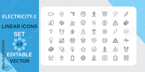 Electricity line art icons set. Solar, wind, hydro, nuclear and more. Outline vector icon in linear style. Editable stroke. Vector illustration.